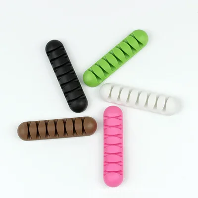 

7 Holes USB Cable Organizer Wire Winder Headphone Earphone Holder Mouse Cord Silicone Clip Phone Line Desktop Management, Black, white, pink, green, brown