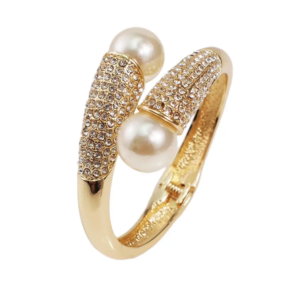 

HANSIDON Elegant High Quality Rhinestone Pearl Stretch Bracelets Cuff Big Fashion Bracelets Simulated Pearl Charm Bangles, Gold,silver