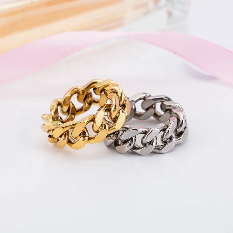 

Fashion Waterproof Jewelry 18K Gold Plated Stainless Steel Hollow Cuban Link Chain Finger Ring For Women Men