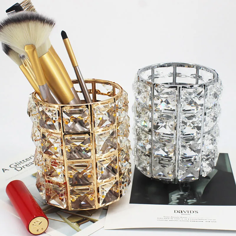 

2020 NEW round crystal cosmetic storage box crystal gold silver makeup organizer brush