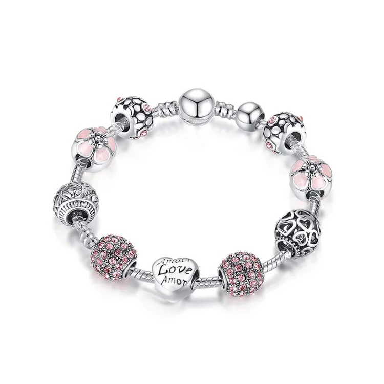 

Antique Silver Charm Love and Flower diy diamond Bead Bracelet & Bangle Women Wedding Jewelry