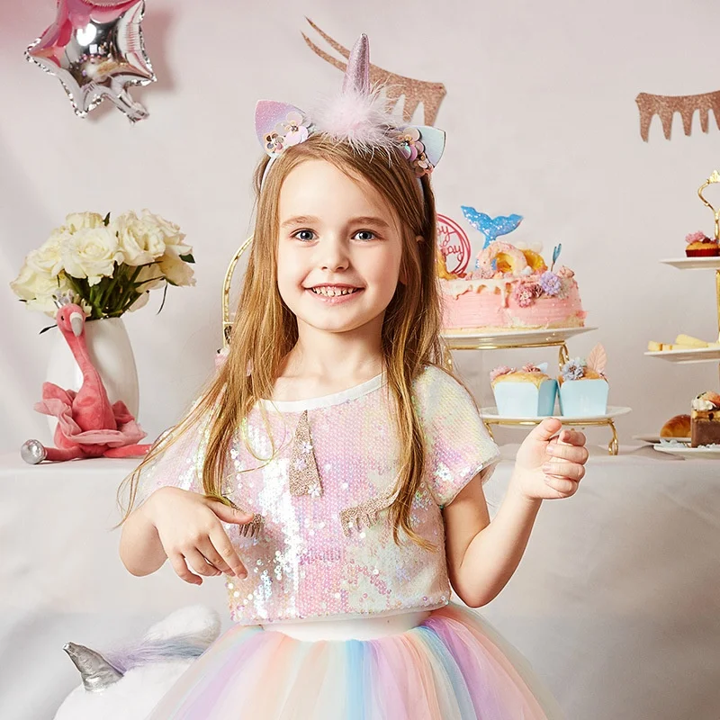 

2021 Kids summer Clothes sets girls sequin unicorn t shirt tops tutu skirt 2pcs outfit korean baby unicorn clothes, As picture