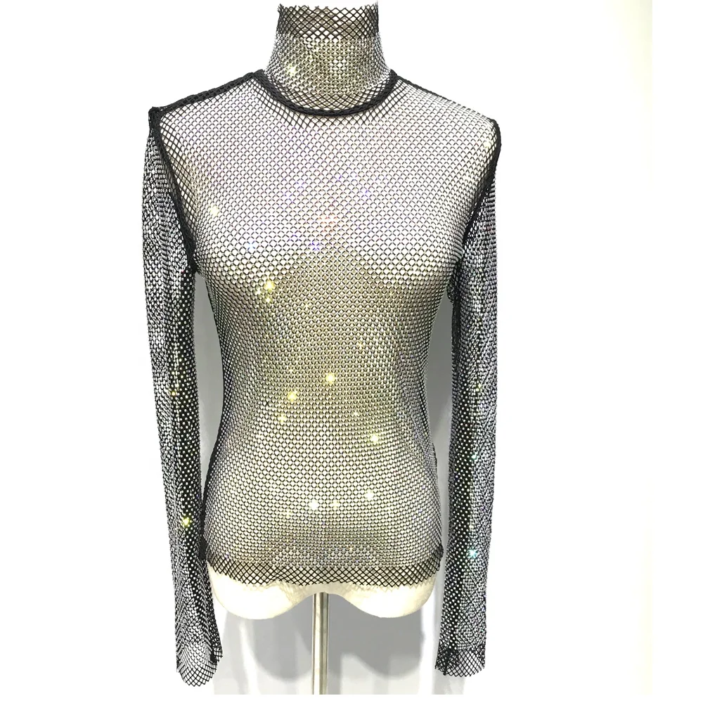 

S336 New Arrival Crystal Fishnet Mesh Crop Top Mesh Hollow Out See Through Rhinestone Diamante Mesh Cover Up beach Club wear, Customized colors are ok to do