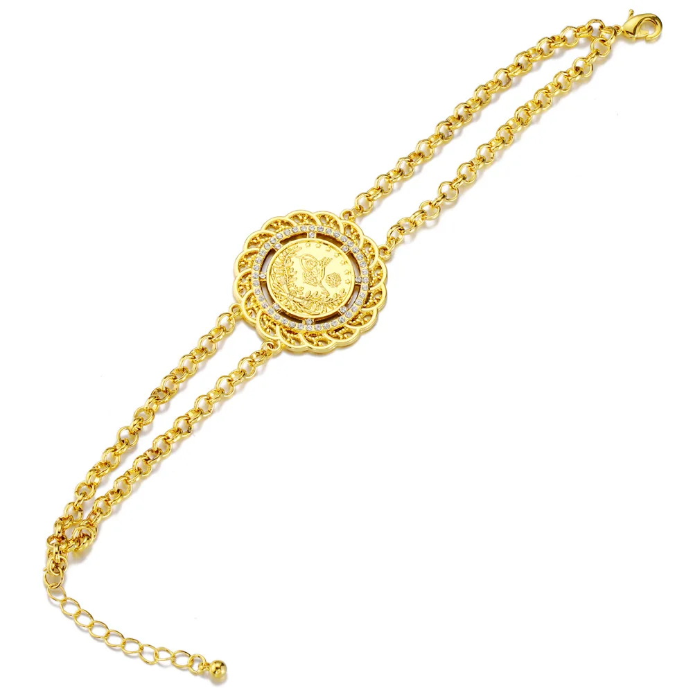 

Lotus 24k gold plated brass CZ coin Arabic jewelry women bracelet, Gold/silver