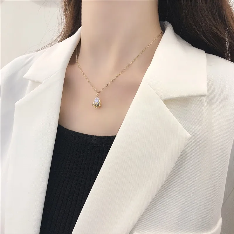 

JUHU New French romantic crystal water drop clavicle chain exquisite zircon simple alloy necklace set jewelry women, Gold