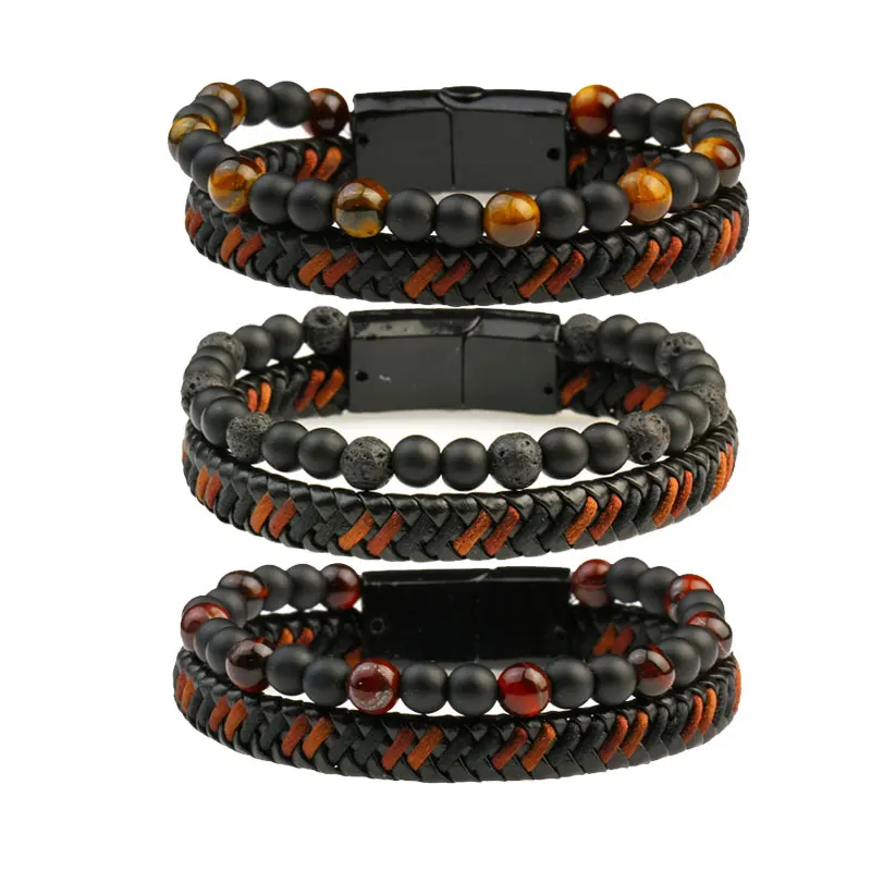 

Natural Stone Genuine Leather Tiger eye Lava stone Alloy Magnetic Bracelet ST124, As the pictures