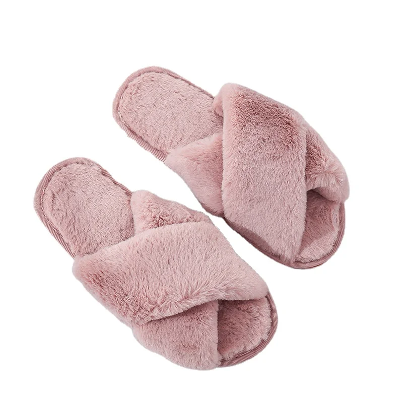 

Wholesale 2021 Winter Fashion Women Indoor Plush Pantunflas House Bedroom Pantuflas Pantofole Fluffy Cross Furry Slippers
