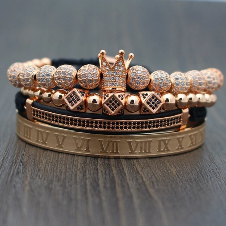 Luxury 4pcs/set Men's Gold Crown Bracelet Set Stainless Steel Numbers Engraved Cz Crown Braided