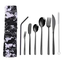 

Amazon Hot Sale Office Utensil Portable Camping Outdoor 304 Stainless Steel Cutlery Spoon Knife Fork Straw Brush Set With Bag