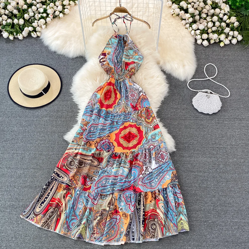 

FFShow 2022 Summer Fashion Sexy Halter Holiday Backless Bohemian Dress Casual Dress Summer Dresses Women Lady Elegant, 3 colors