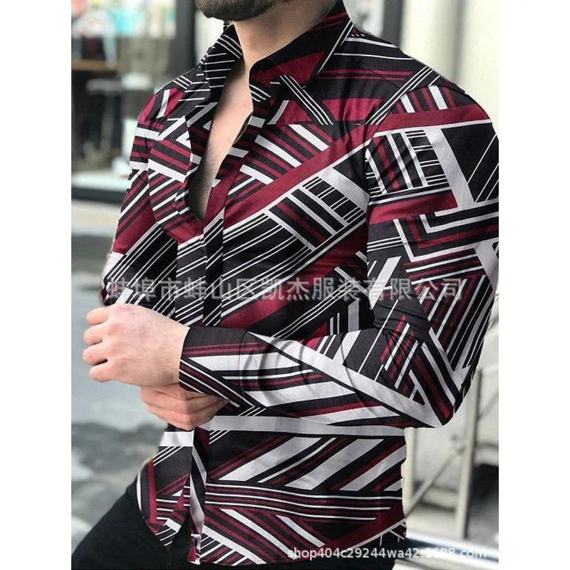 

Hot sale men's single-breasted shirt slim 3D color block printing long-sleeved shirt quick-drying breathable holiday shirt