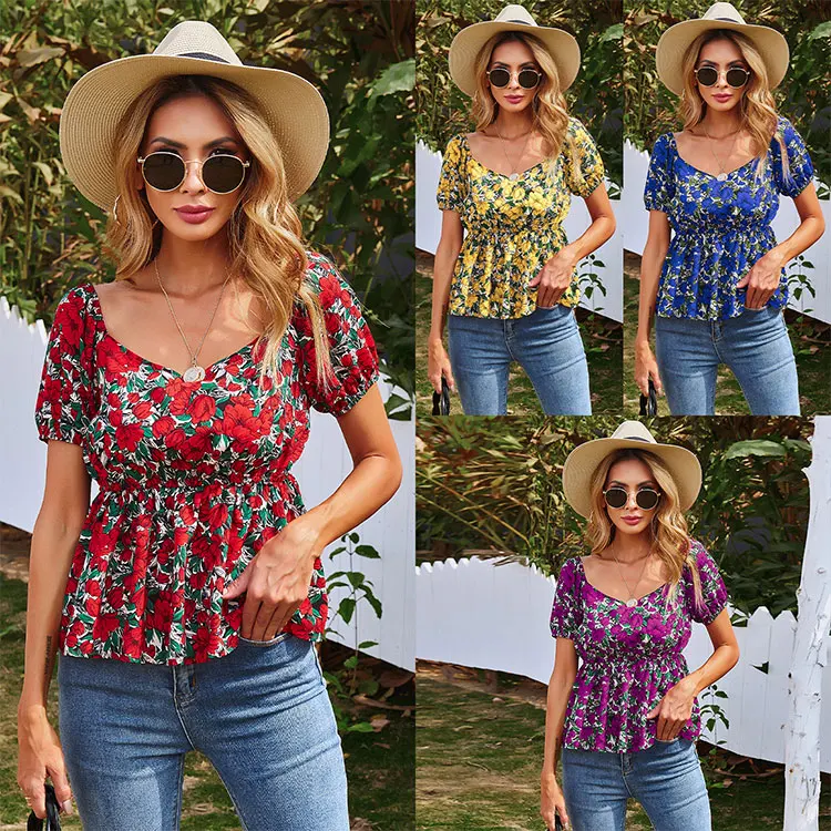 

2021 Luo Qi Wholesale Casual Woman Sexy Summer Bangkok Floral Elegant Blouses Tops For Ladies, Customized color