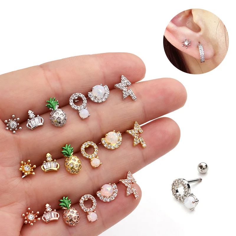 

New Korean version personality Stainless Steel pineapple screws small earrings stainless steel puncture ear bone ear wholesale