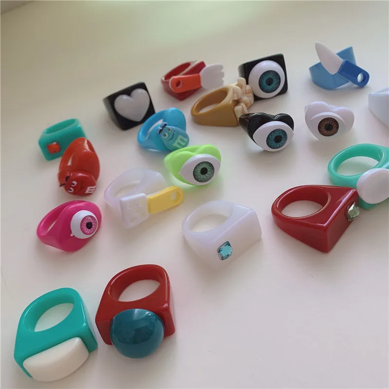 

OUYE INS style personality fun evil ring female acrylic resin eyes funny candy color variety fashionable net red ring tide, Colorful