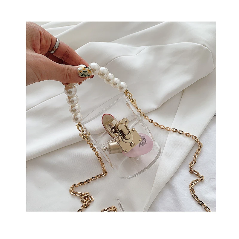 

Luxury Mini Pearl chains Clear Handbag female 2021 New ins fashion transparent Bucket bag Small Lock shoulder messenger bags