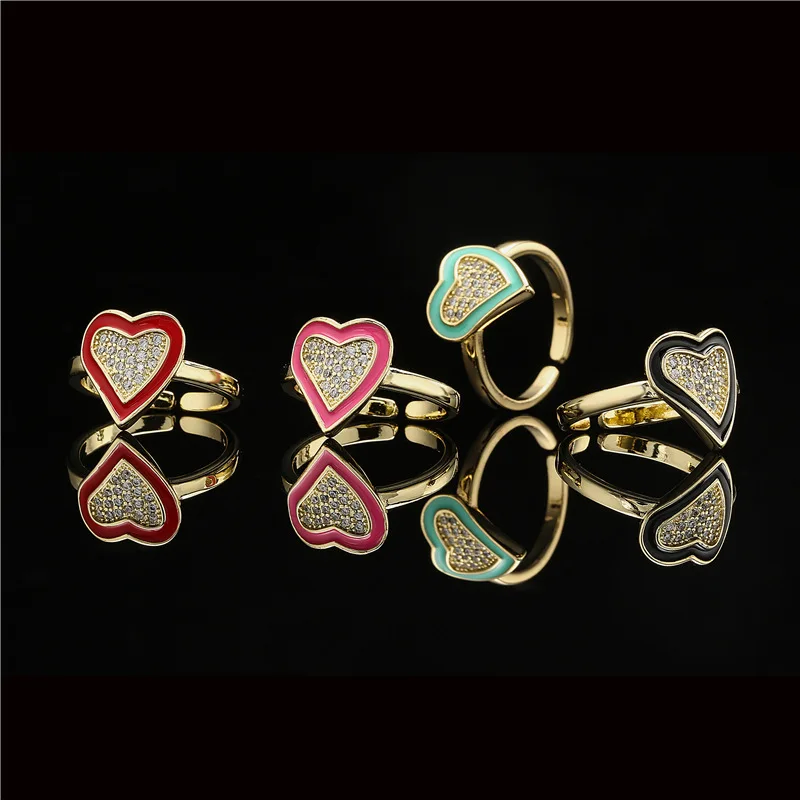 

New Fashion Real Gold Plating Micro Pave CZ Heart Rings Colorful Heart Enamel Open Rings For Women Girl