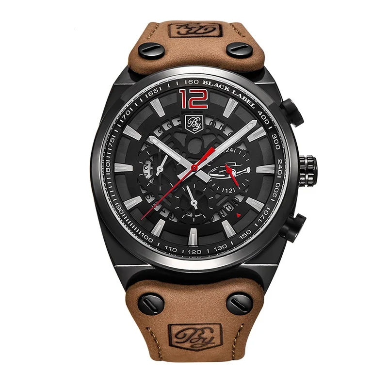 

BENYAR 5112 Hot Fashion Genuine Leather Luxury Chronograph Calendar Clock Skeleton Quartz Sports Watches Men Wrist Digital, 6-color