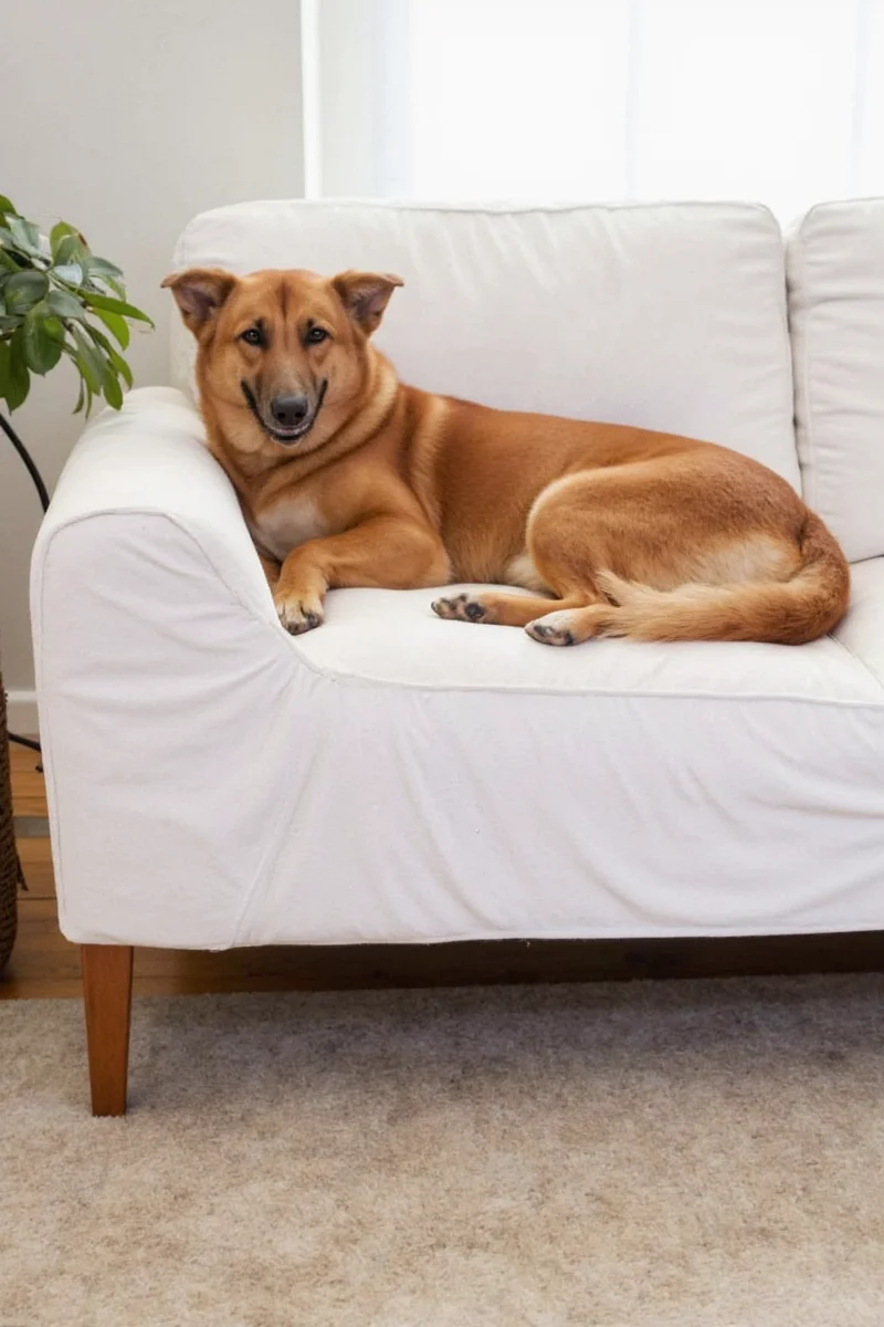 A cheerful retro stripe slipcover adding fun personality to a neutral sofa.