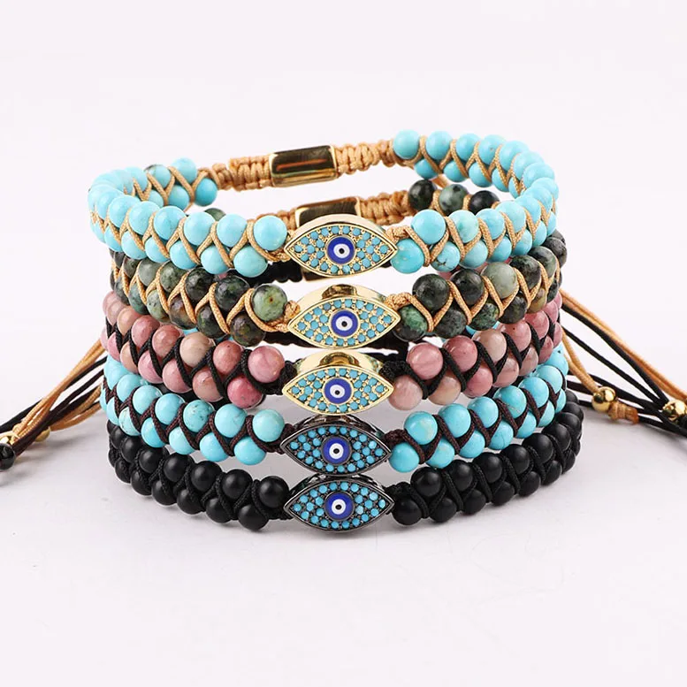 

High Quality New Fashion Blue Eye Charm Natural Turquoise Stone Beaded Handmade Macrame Friendship Bracelet Women