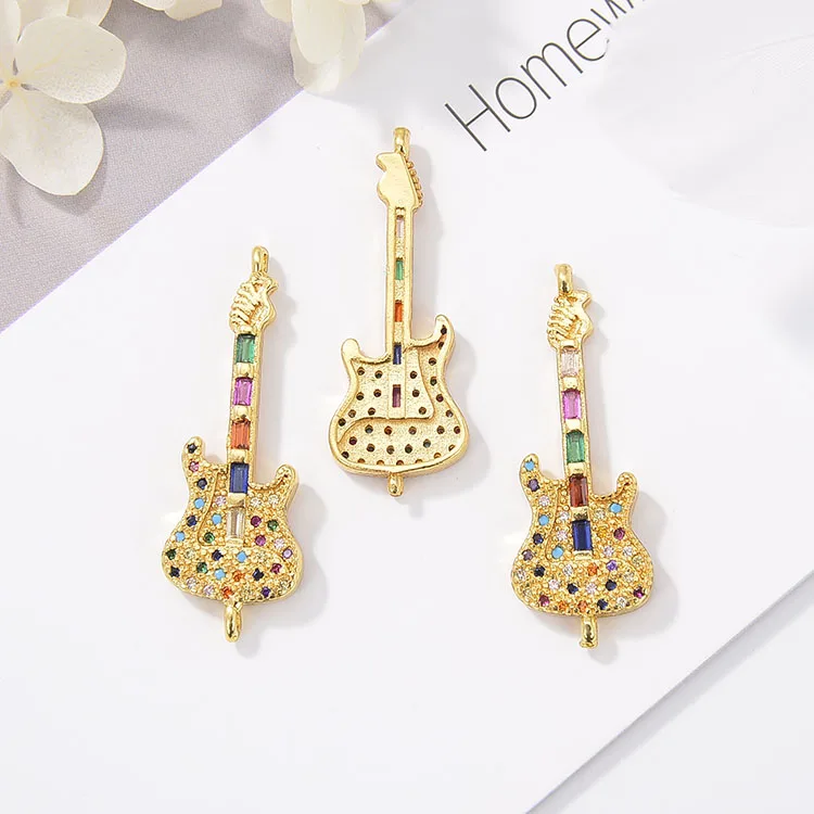 

CZ8173 Brass Cubic Zirconia Jewelry Bracelet Connectors Paperclip Charms Eiffel Tower Guitar Charms For Girls