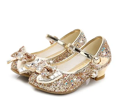 

2021 Princess Kids Leather Shoes for Girls Flower Casual Glitter Children High Heel Girls Shoes Butterfly Knot Blue Pink Silver