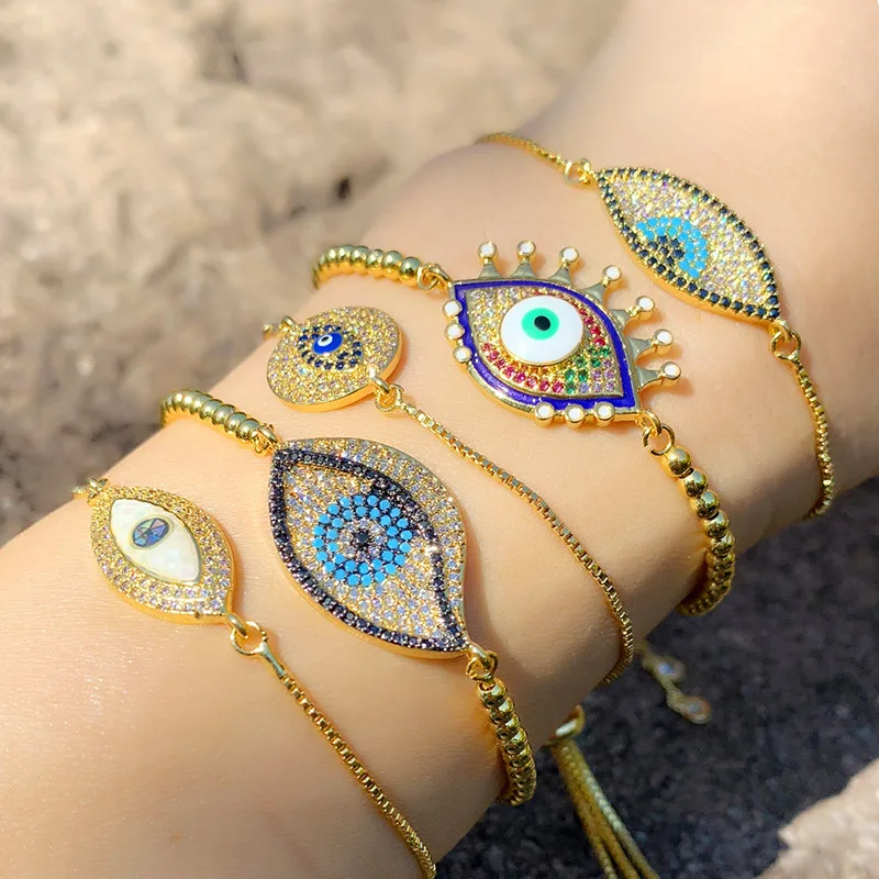 

2022 Luxury Adjustable 18k Gold Plated Bead Link Chain AAA Zircon Evil Eye Bracelet
