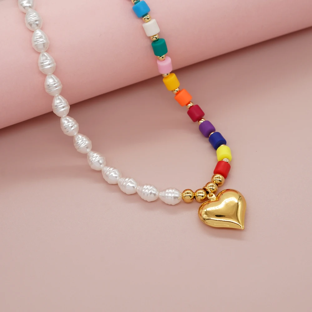 

Go2boho New In Pearl Gold Plated Big Heart Charm Pendant Rainbow Colorful Heishi Necklaces For Women Summer Friendship Jewelry