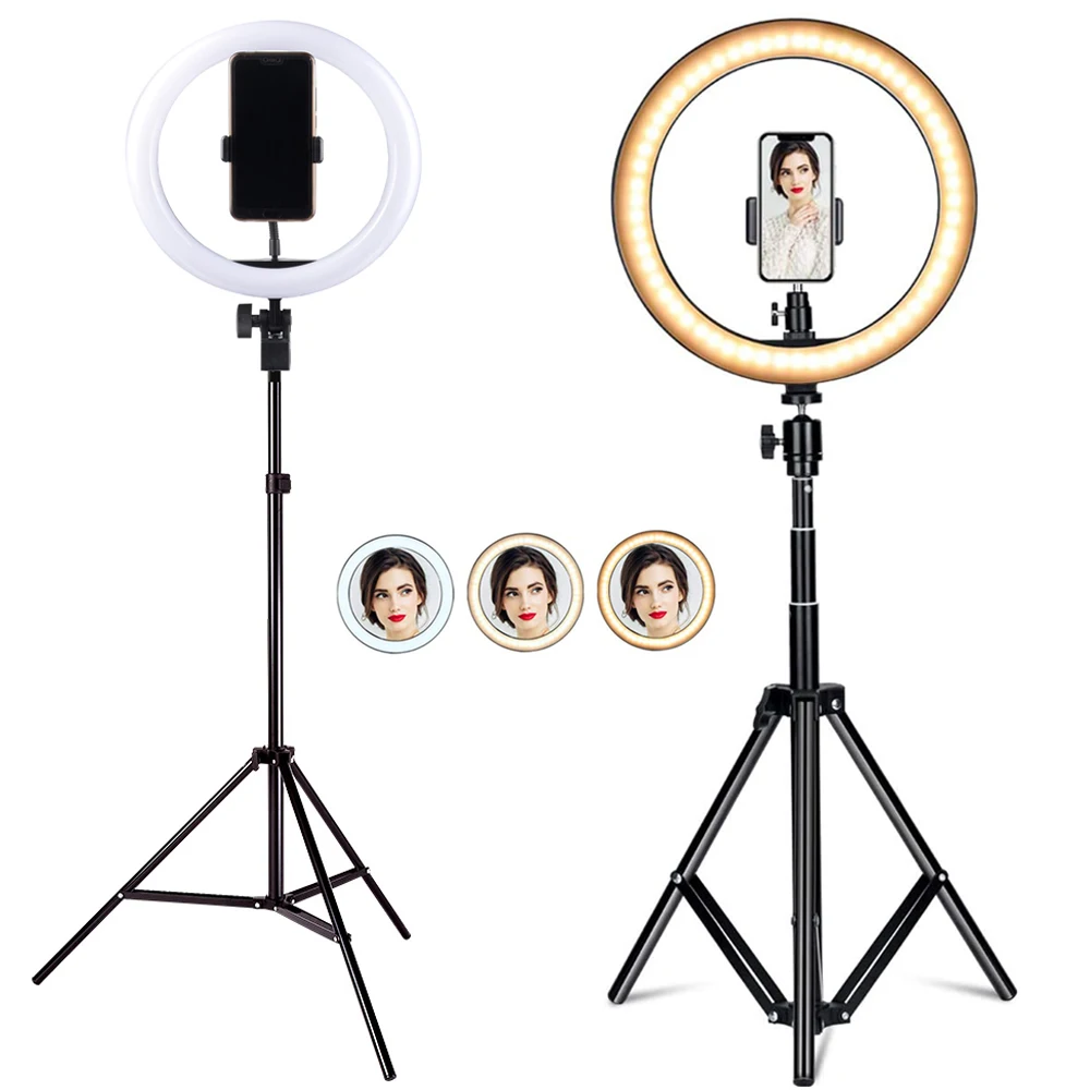 

10 in Selfie Ring Light, Extendable Tripod Stand Flexible Phone Holder for Live Stream Makeup, Mini Desktop Led Camera Ringlight