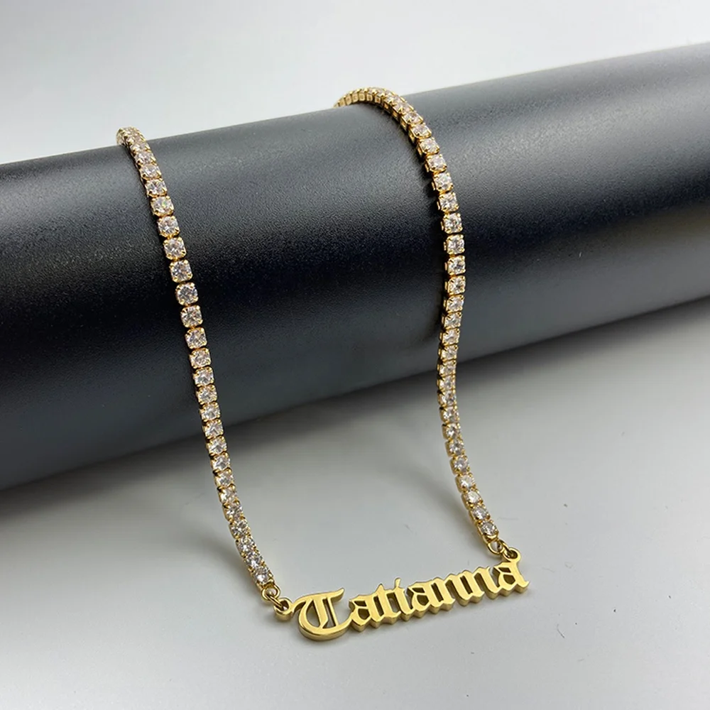 

Engraved cz personalized diamond with jewelry stainless steel plate custom name necklace 18k gold plated
