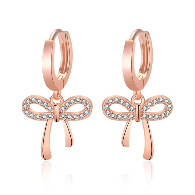 

Korean Fashion Inlaid CZ Jewelry Gift Rose Gold Small Sweet Bow Ear Hoop Earrings for Women, Rose gold,platinum