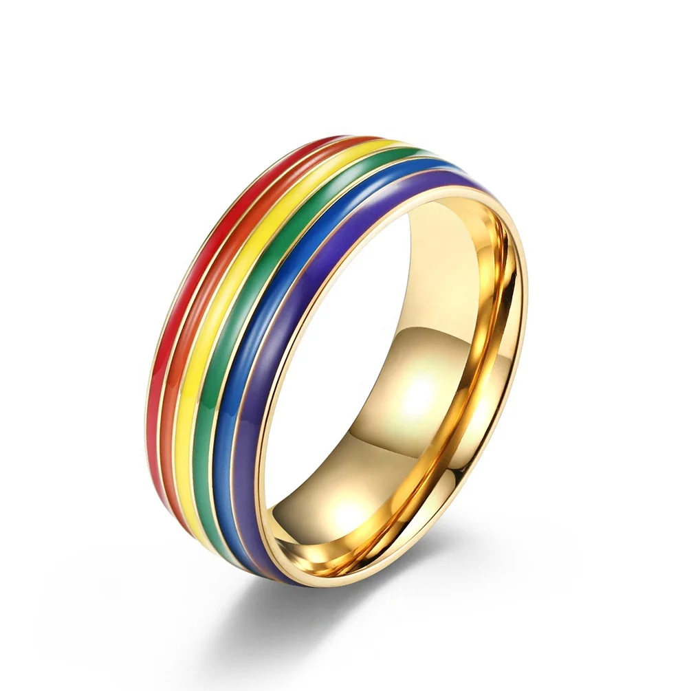 

Wholesale Fashion Colorful Rainbow Simple Jewelry Stainless Steel Ring 18K Gold Plated Men's Ring Father Boyfriend Gift, Picture shows
