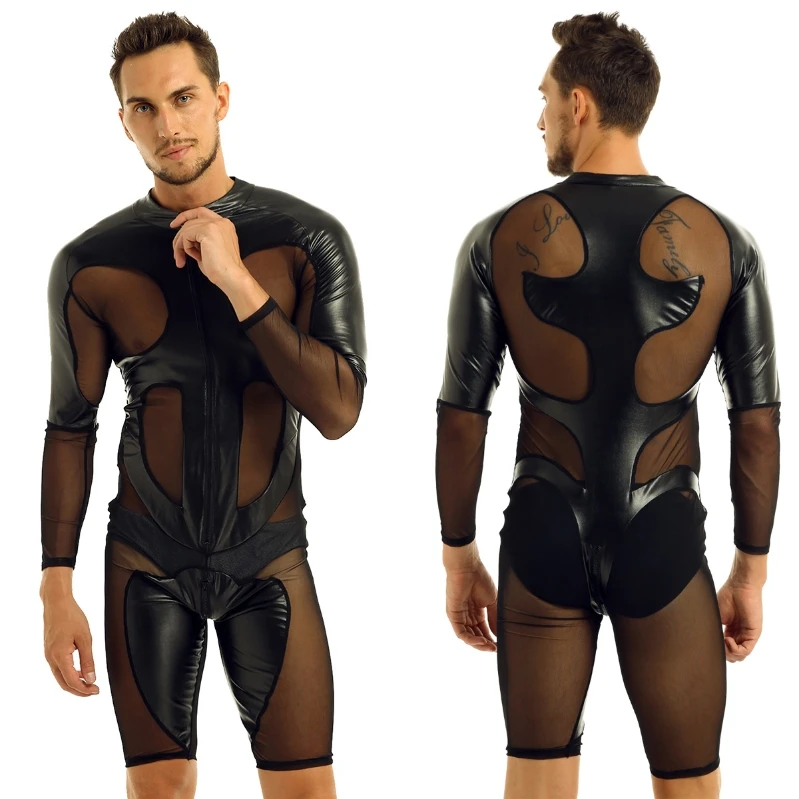 

Cheap Men's Leather and Mesh Splice Jumpsuit Long Sleeve Zipper One Piece Leotard Bodysuit