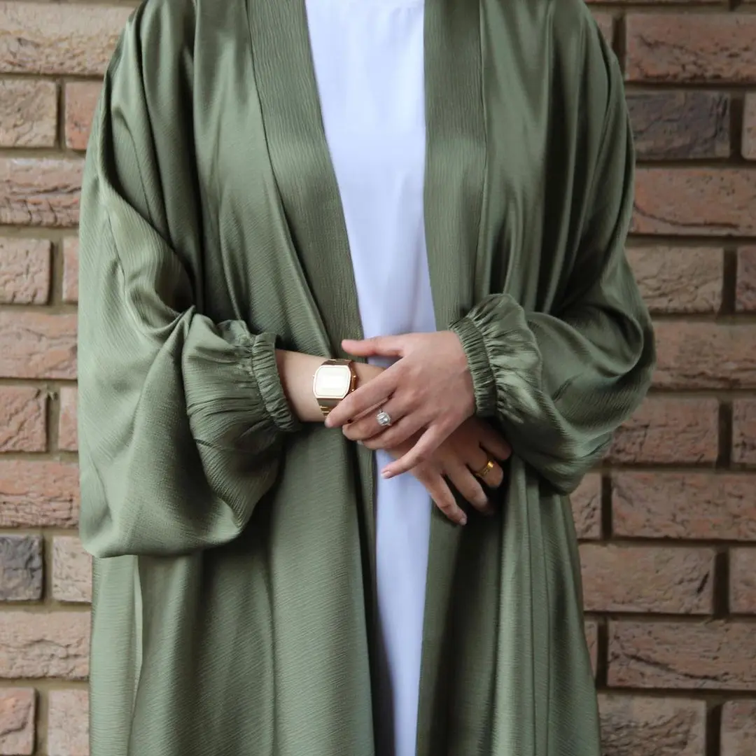 

2022 New EID Wholesale Shiny Silk Solid Kimono Islamic Clothing Women Muslim Dresses Dubai Abaya, Beige/grey/purple/mint/blue/brown/army green/pink/darkgreen/black