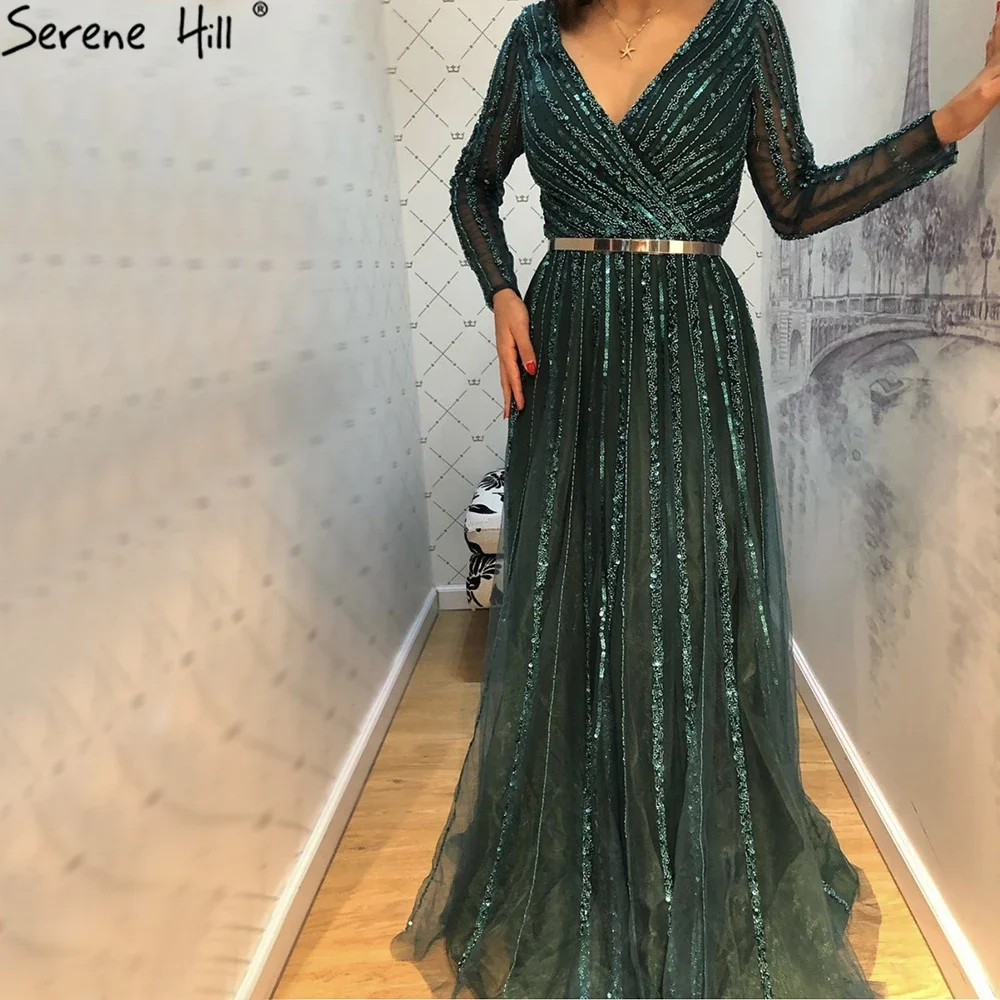 

2021 Muslim Green V Neck A Line Full Sleeves Evening Dresses Serene Hill LA70790 Luxury Beaded Party Long Gowns For Women Wear