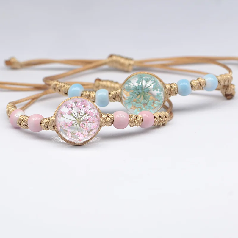 

Vintage Charm Plant Pink Gypsophila Dandelion Dried Flower Glass Ball Rope Bracelet Jewelry For Women