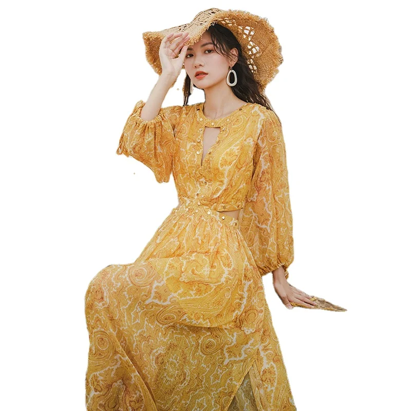 

2021 New Arrivals Women Summer Vacation Hollow Out Bohemian Dresses Wholesale Leisure Yellow Color Printed Maxi Dresses