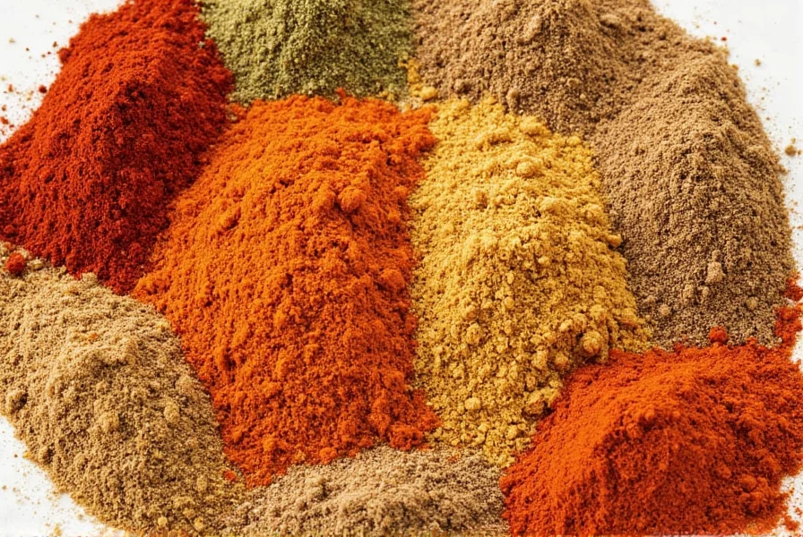 Spice rack with various ground spices in glass jars