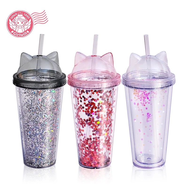 

Girlwill Cat Ear Lids Double Wall Glitter Tumbler Cup with straw Custom Logo Supports OEM/ODM Coffee Mugs Wholesale, Transparent pink & transparent black & transparent