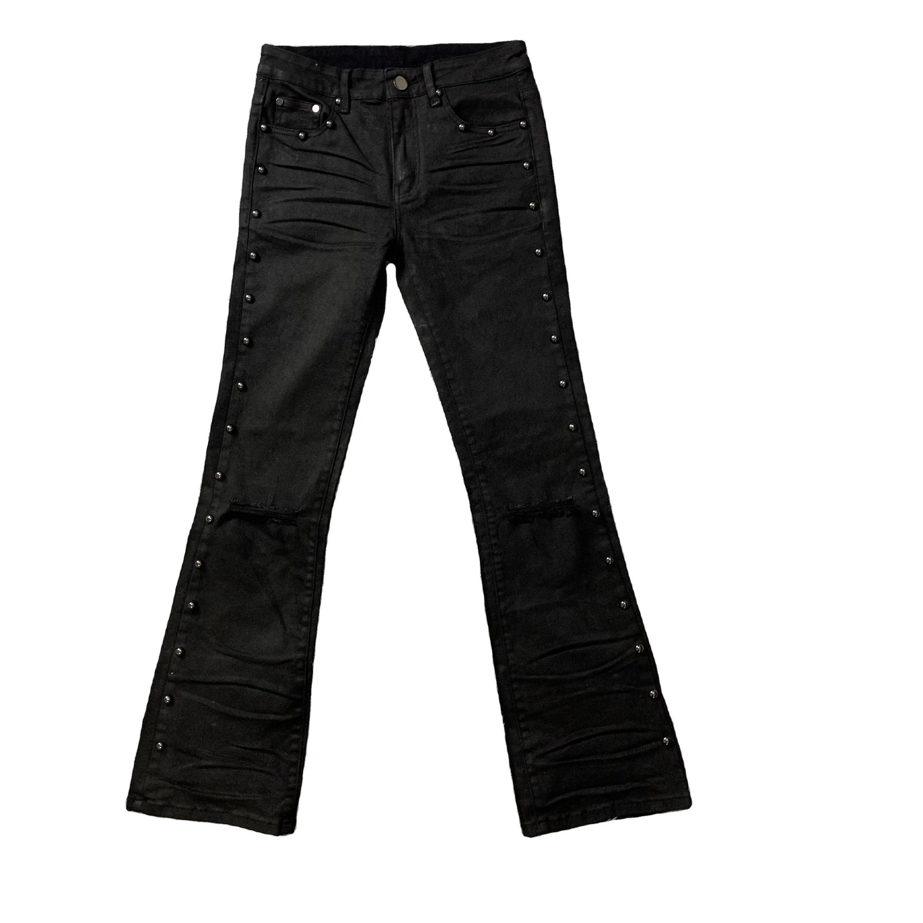 DENIMGUYS Jeans Men Y2K High Street Low Waist Rivets to Do Old Fashion Casual Men Distressed Waxed Flare Jeans Hip Hop