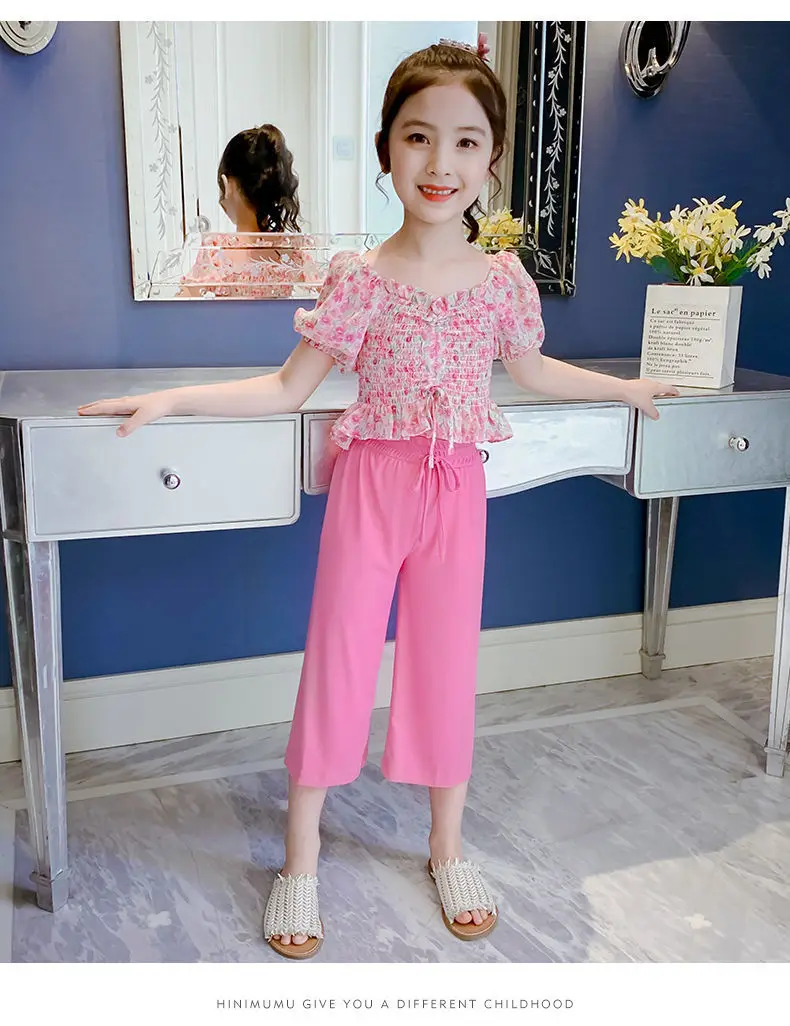 

2021 Hot new products Korean version chiffon floral top and wide-leg pants kids fashion 2 piece set girls clothing, Blue