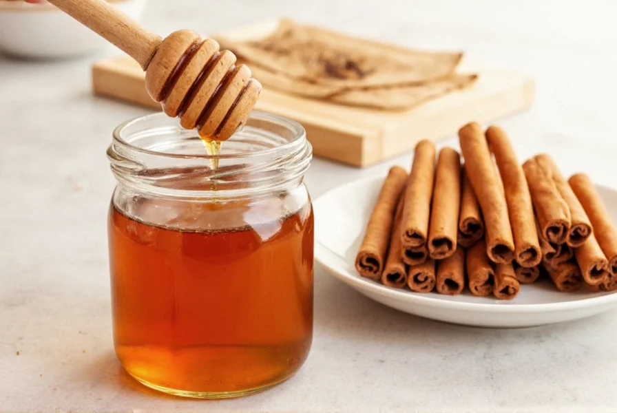 Honey and cinnamon mixture being stirred in a glass of warm water with steam rising