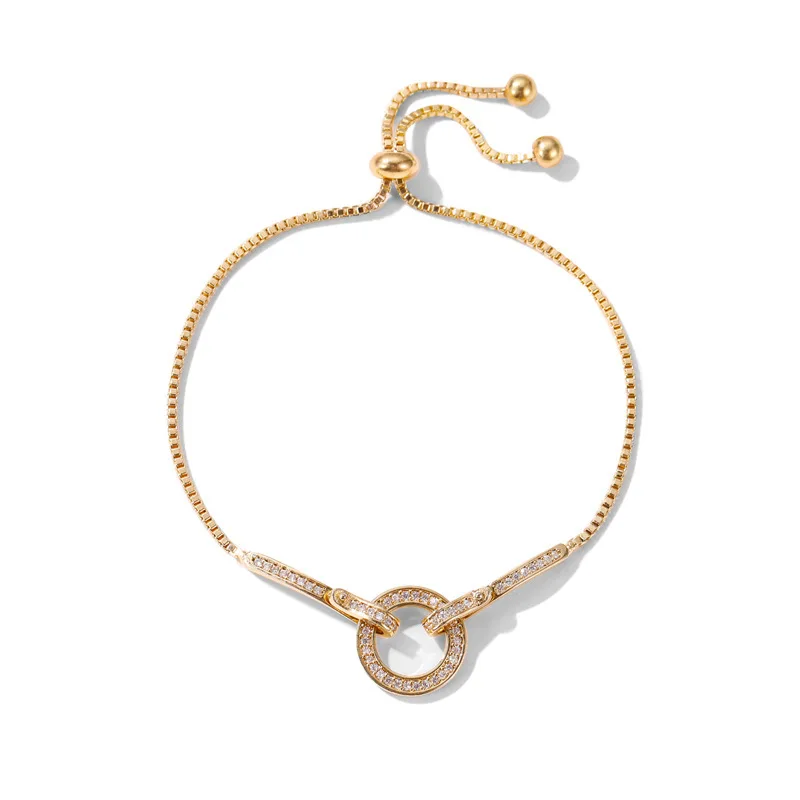 

Fancy Micro Pave Circle Round Crystal Pendant Bracelet Gold Box Chain Adjustable Slider Rope Charm Bracelet