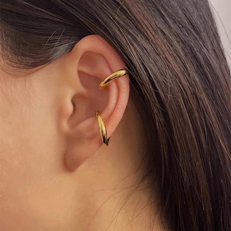 

Minimalist Hypoallergenic 18K Gold Plated Stainless Steel Jewelry Waterproof Ear Clips Irregular Circle Ear Cuff Earrings YF4097