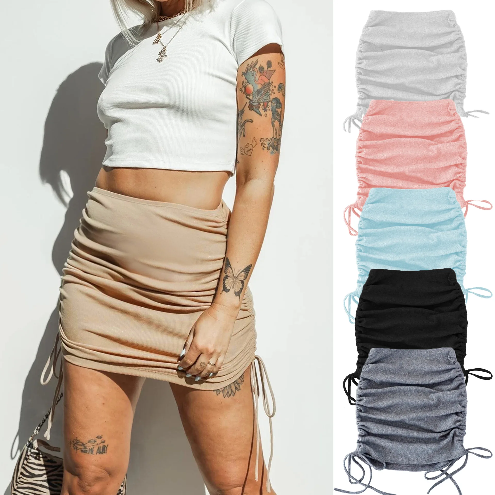 

Sexy slim package hip skirt 2021 spring women's knitted drawstring stretch pleated skirt