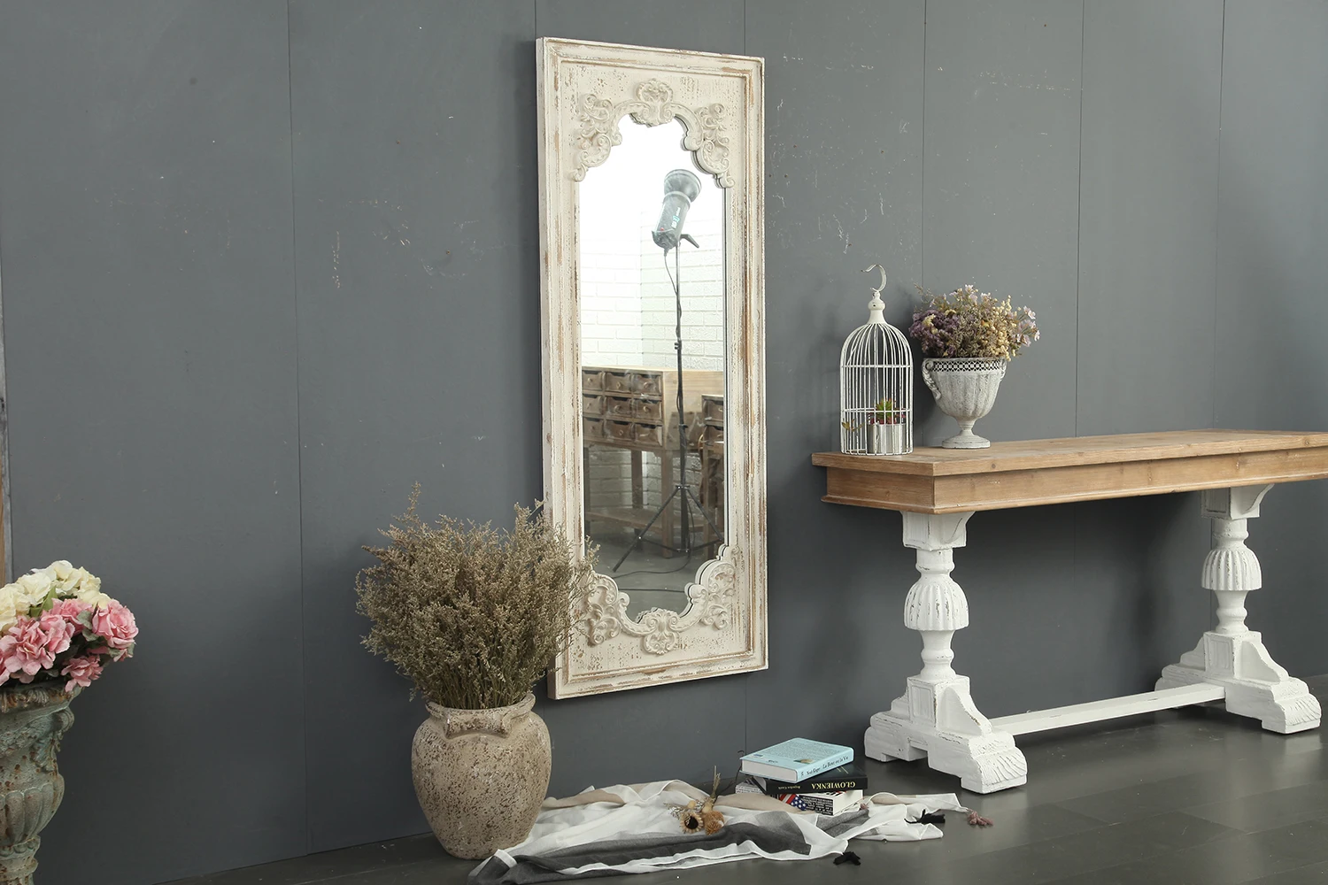 
HOME ready to ship big size decorative rustic antique white wood wall mirror shabby hanging rectangular framed mirror 