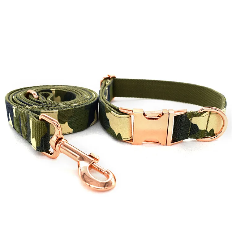 

Eco-Friendly outdoor camo color rose gold buckle polyester webbing dog collar leash