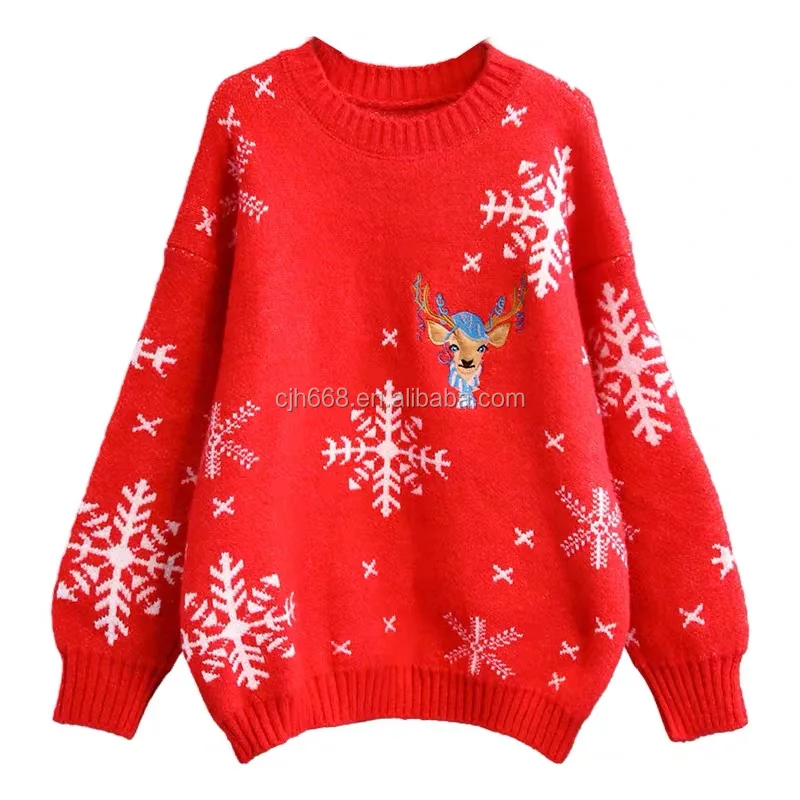 

Wholesale winter red thick loose knitwear ladies pullover long sleeve round neck short sweaters for women