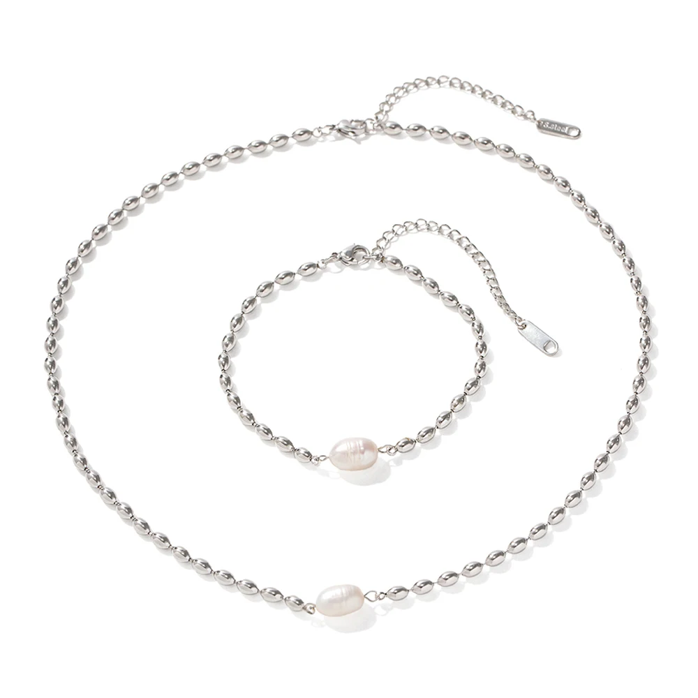 Beaded Freshwater Pearl Retro PVD Silver Plated Stainless Steel Chain Bracelet Necklace For Women