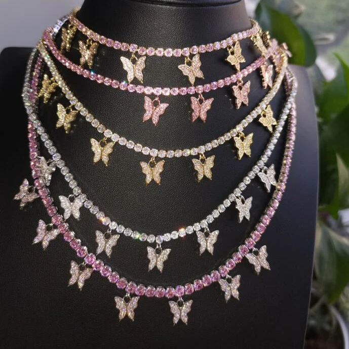 

best selling iced out cubic zirconia diamond butterfly choker necklace
