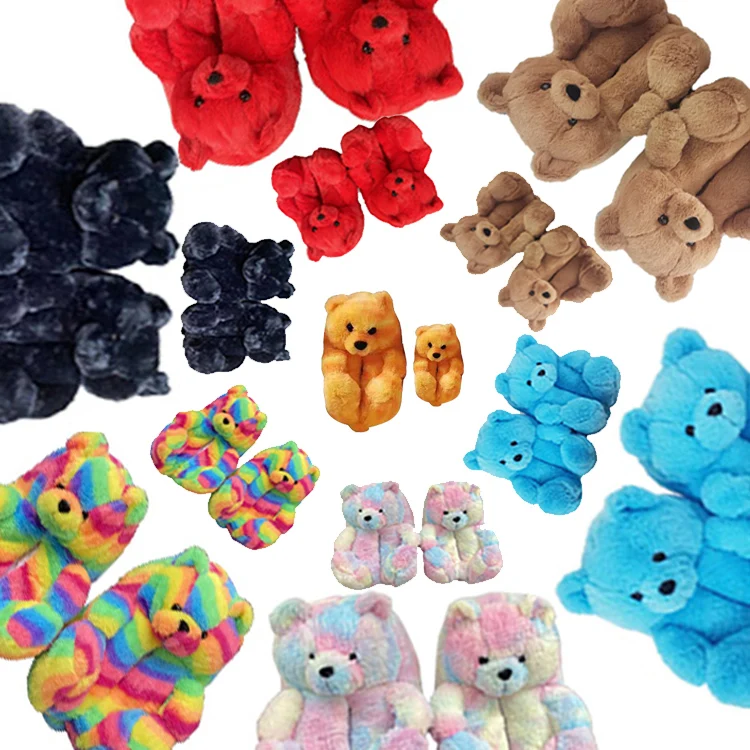 

2021 New Style Children Teddy Bear Slipper Mommy and Me Bear Slides Shoes Fur Women Furry Slide, Customized color